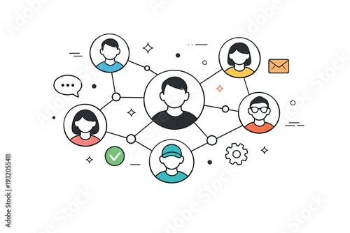 Digital networking concept. A minimal scene showing abstract user avatars connected by lines and dots, representing online communication and collaboration. The