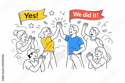 Shared victory. People clapping and cheering, simple banners with words like ?Yes? or ?We did it?. Positive, uplifting mood with balanced composition. Modern