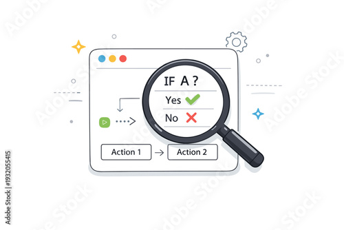 Decision logic visibility. A magnifying glass highlighting simple rules and symbols inside an algorithm card, representing inspection and understanding.