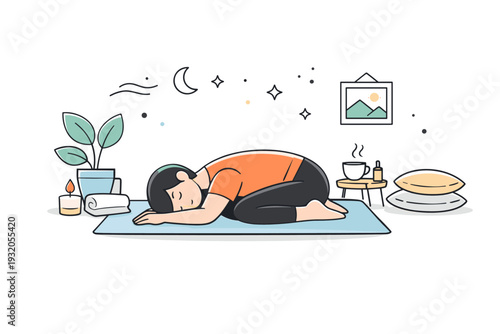 Relaxation and self-care. A person finishing a yoga session in a peaceful interior, resting pose with relaxed posture. Soft sunlight and gentle decorative