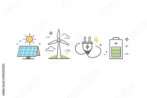 Clean energy icons. A calm editorial scene with icons of solar panel, wind turbine, electric plug and battery. Transition to renewable energy and innovation,