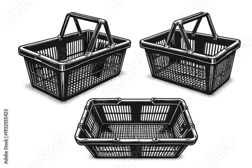 Shopping Basket ? deep rectangular basket. A deep rectangular shopping basket with straight walls and reinforced corners, portrayed as the same