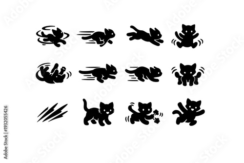 Kitten Energy. Solid icon set of Kitten Energy: zoomies motion, sprinting kitten, leaping jump, bouncing pose, playful spin, quick dash, pounce