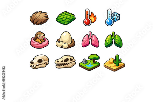 Mammals vs Reptiles. Colorful isometric vector icons set of Mammals vs Reptiles: mammal fur, reptile scales, warm blood symbol, cold blood symbol, live birth,