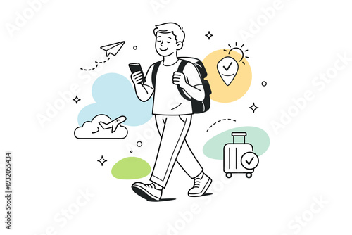 Travel tech anxiety resolution. A traveler finally relaxed after successfully using travel apps, smiling while walking forward with phone in hand. Calm relief