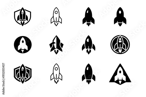Rocket. Icon set. Set Logo of rocket: rocket emblem badge. harmonious logo variations of the same emblematic concept, each with different artistic