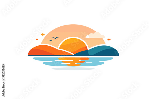 Sunset capturing a calm horizon where the sun slowly dips below soft rolling hills, expressing tranquility, closure, and a warm reflective mood at the end of