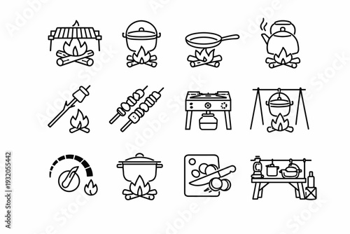 Outdoor Cooking. Line icon set of Outdoor Cooking: campfire grill, cooking pot, pan over fire, kettle boiling, roasting stick, food skewers, outdoor stove,