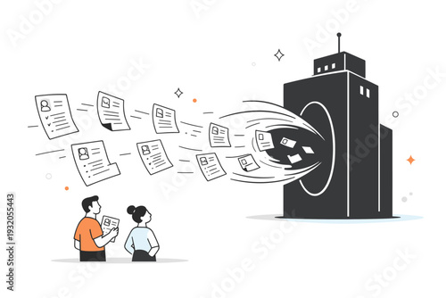 Resume black hole. Multiple CV documents drifting toward a large abstract company building, slowly disappearing. Symbolic depiction of silence and one-sided