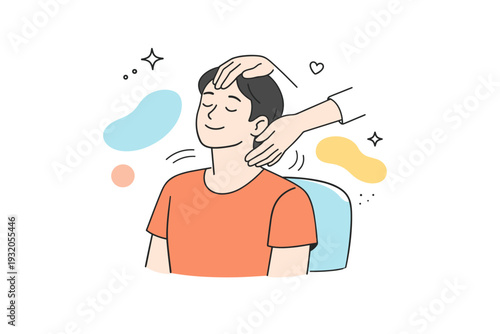 Head and neck massage relaxation. A calm editorial scene of a person receiving a gentle head and neck massage while sitting comfortably. Sense of relief,