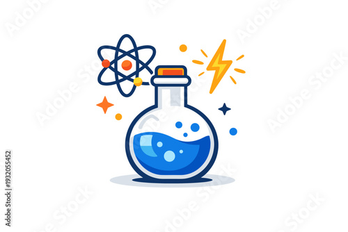 Science lab equipment combined into a compact visual badge with flask, atom, and spark elements, evoking innovation, curiosity, and modern scientific