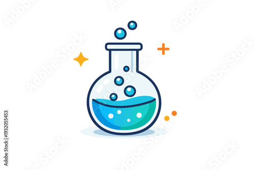 Chemistry flasks focused on scientific experimentation with a simple laboratory flask containing colored liquid and gentle bubbles, conveying curiosity and