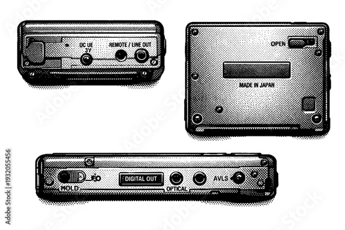 Mini Disc player rear casing. A realistic Mini Disc player with a detailed rear casing is depicted as a single object shown in three views highlighting panel