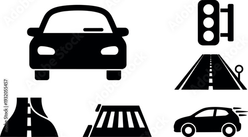 Flat vector traffic icon set front view car road crosswalk traffic light highway perspective minimal black silhouette landscape design collection