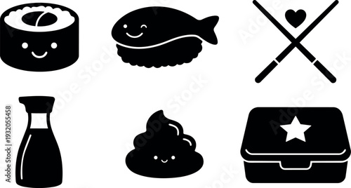Flat design kawaii sushi icon set six food symbols smiling maki nigiri chopsticks soy sauce bento box cute minimal monochrome