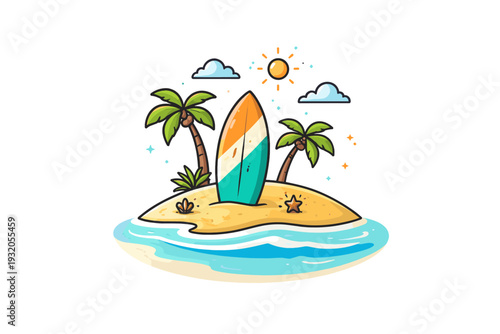 Island life depicted by a small surfboard resting upright on golden sand near rolling waves, conveying adventure, fun, and active beach lifestyle. Minimalist