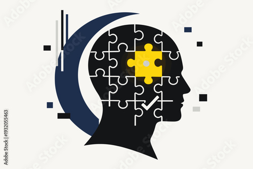Black and white silhouette of a human head profile filled with connected puzzle pieces, one piece glowing in bold yellow, large navy semicircle framing the