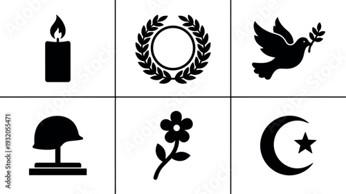 Flat design peace and memorial icon set showing candle laurel wreath dove olive branch helmet flower crescent star silhouette minimalist