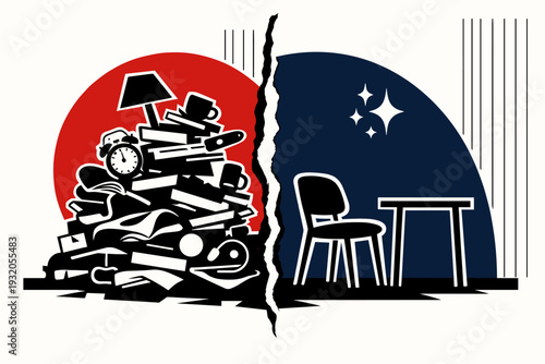 Black and white retro room silhouette with exaggerated ?before? messy stack of objects morphing into a clean minimal chair and table, layered cut-out look with