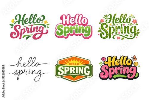 Hello Spring. Set lettering. harmonious lettering variations of the same emblematic concept, each with different artistic interpretation (Bold hand-lettering
