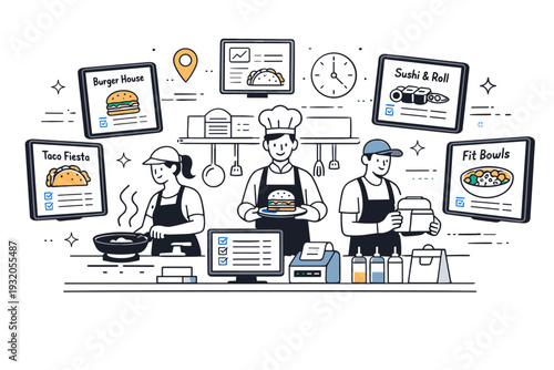 Virtual restaurant concept. Multiple food brands operating from one kitchen space, tablets showing different menus, organized multitasking and digital control.