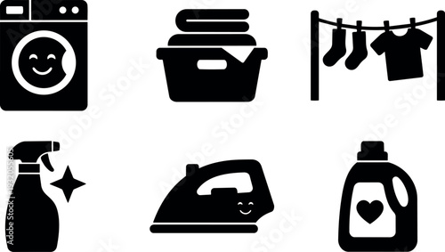 Flat design smiling laundry icons set close up washing machine laundry basket clothes line spray bottle iron detergent minimalist black vector