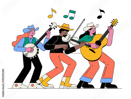 Cartoon country band playing banjo, violin and guitar in flat vector style.