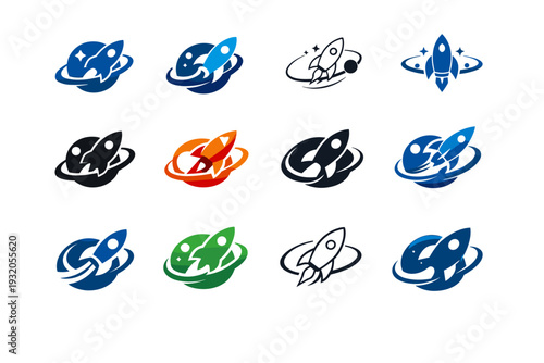 Rocket. Icon set. Set Logo of rocket: rocket in orbit. harmonious logo variations of the same emblematic concept, each with different artistic interpretation