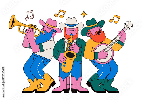 Country western musicians cartoon illustration. Bearded cowboys playing instruments in flat vector style, perfect for music posters and entertainment graphics.