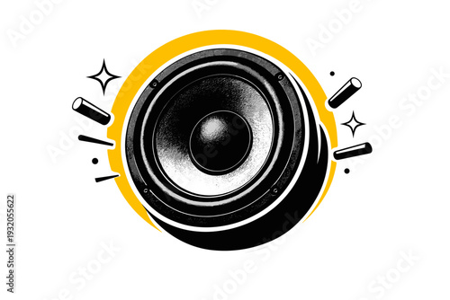 black and white cut-out speaker cone enlarged dramatically, bold yellow circular halo behind it, subtle white contour emphasizing layered collage effect, small