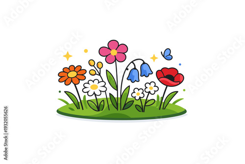 Wildflowers in a sunlit meadow with a variety of colorful blooms gently swaying in the breeze, creating a peaceful and vibrant natural scene. Minimalist flat