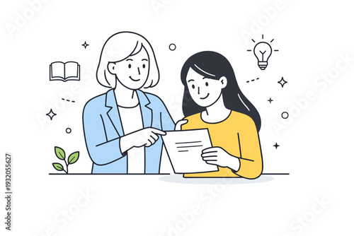 Mentorship and guidance. An experienced woman gently guiding another with a simple gesture or shared document. The scene communicates growth, learning, and