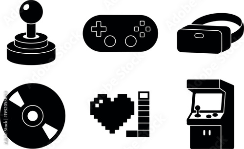 Flat design gaming icon set joystick controller vr headset disc pixel heart arcade cabinet isolated black vector icons minimal symbols