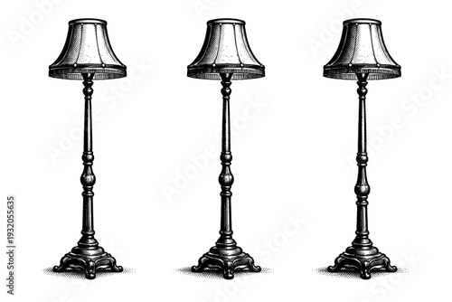 Vintage floor lamp depicted as a classic standing lamp with an ornate base, decorative pole details, and traditional lampshade, treated as one object. Black