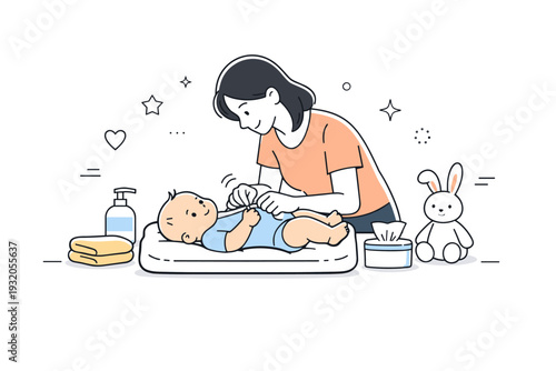 Mother and baby care routine. A peaceful scene showing a mom changing or dressing her baby on a clean surface. Everyday parenting moments, focus, and gentle