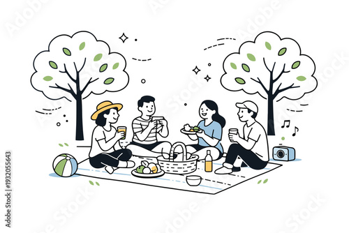 Picnic under trees. A small group enjoying a summer picnic beneath leafy trees, sunlight filtering through branches, relaxed and cheerful atmosphere, subtle