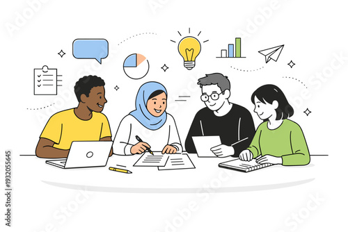 Diverse people collaboration. A calm editorial scene of people from different backgrounds working together around a table. Friendly teamwork, shared focus,