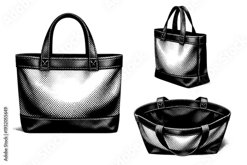 Handbag ? realistic tote handbag with wide opening and reinforced seams. Black and white dot style with halftone texture and high contrast. Halftone texture