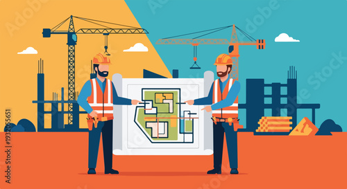 Two construction workers in hard hats and vests review blueprints on a building site with cranes and developing structures.
