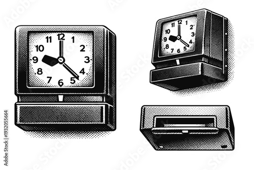 Time Clock Machine ? Wall-mounted time clock machine depicted in flat front view, slightly angled mounted view, and bottom slot view, maintaining consistent