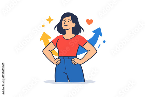 Empowered woman portrait illustrated by a female figure with upright posture and subtle upward elements, expressing strength independence and positive self