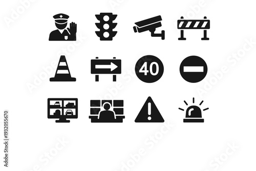 Traffic Control. Solid icon set of Traffic Control: traffic police, traffic signal box, control camera, road barrier, cone barrier, detour sign, speed limit