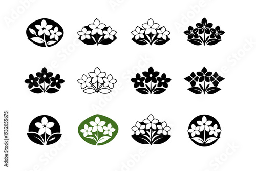Fragrant flowers. Icon set. Set Logo of Fragrant flowers: jasmine blossom. harmonious logo variations of the same emblematic concept, each with different