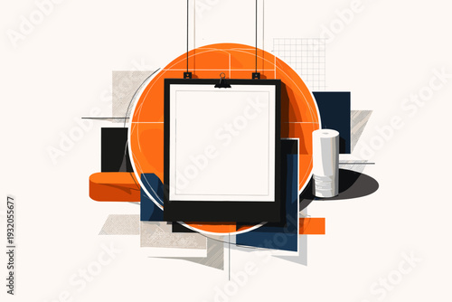 Black and white hanging photo frame suspended by thin linear elements, bold orange circular halo intersected by subtle white grid lines, abstract rectangles