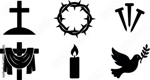 Minimalist vector icon set of christian symbols cross crown of thorns three nails draped cross candle dove holding olive silhouette