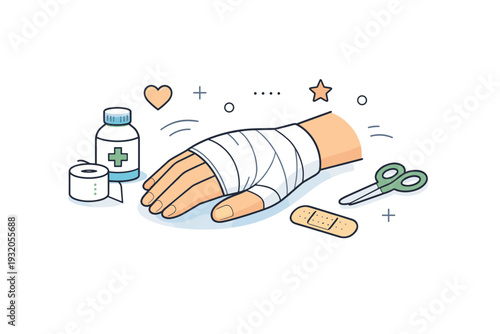 Bandaged hand and first aid care. A calm editorial scene showing a hand wrapped in a clean bandage, resting gently in a neutral position. Sense of care,