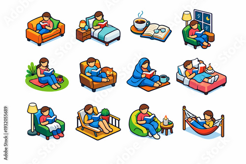 Relaxed Reading. Colorful isometric vector icons set of Relaxed Reading: person reading on sofa, bed reading scene, coffee and book moment, calm evening