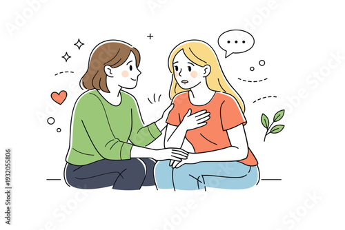 Emotional support between women. One woman listening attentively while another speaks, gentle body language and eye contact. The illustration reflects empathy,