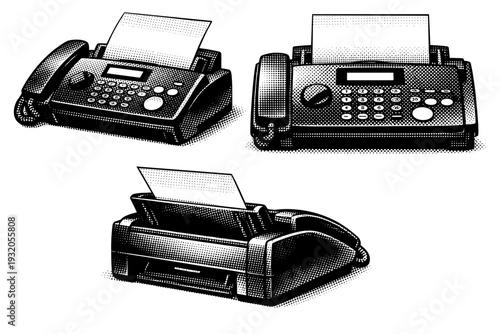 Fax machine ? compact desktop fax. A realistic compact desktop fax machine shown as one object in three different views emphasizing small footprint, button