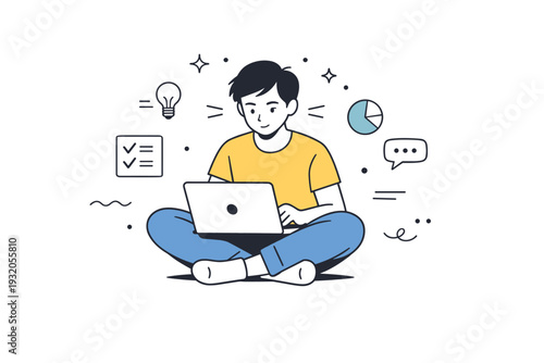 Focused work time. A person sitting comfortably with a laptop, fully engaged and undistracted. Light motion lines and minimal icons suggest flow and deep